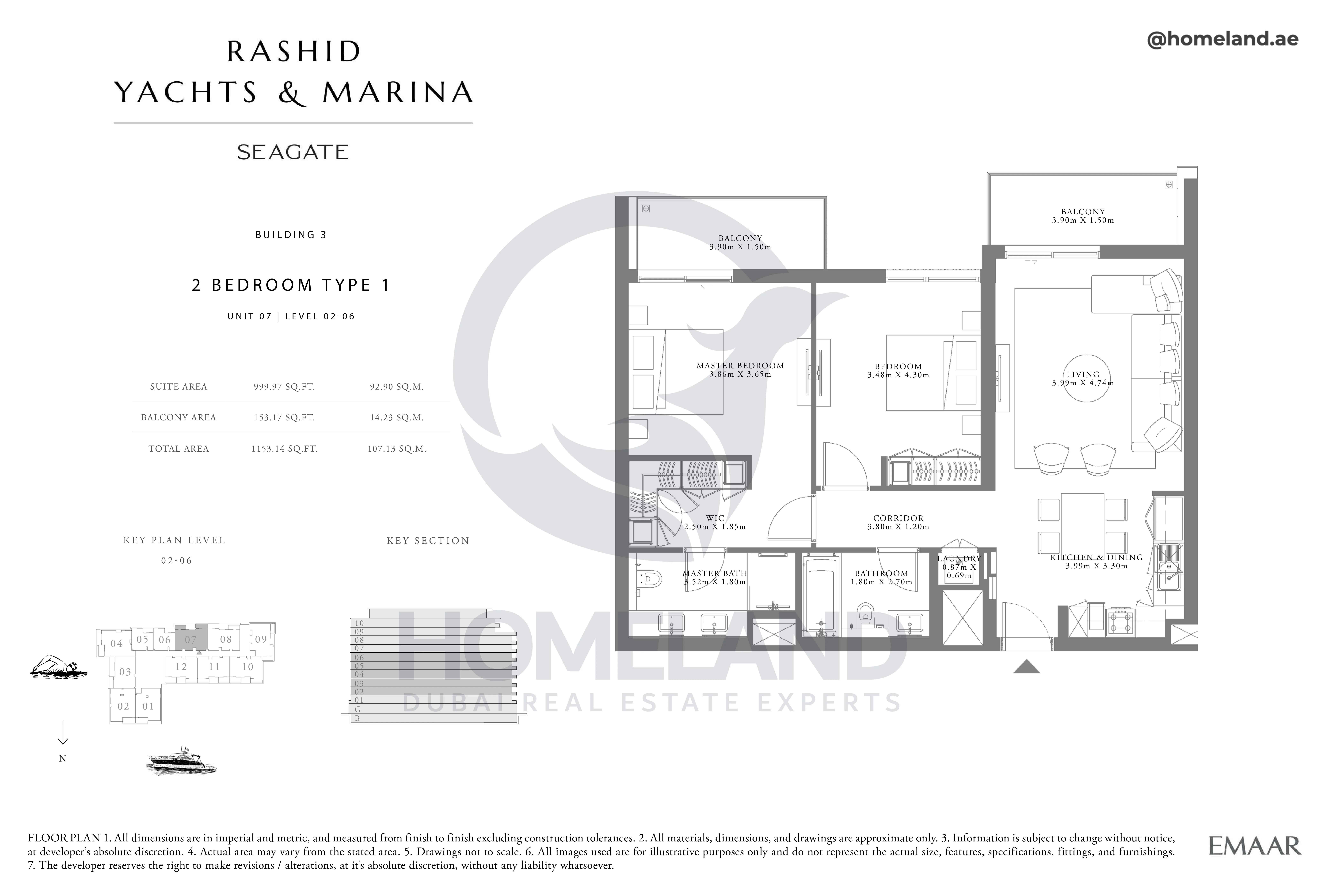 Seagate, Building 3, 2BR, Type 1, Unit 07, Level 02 to 06, 1153 SQFT