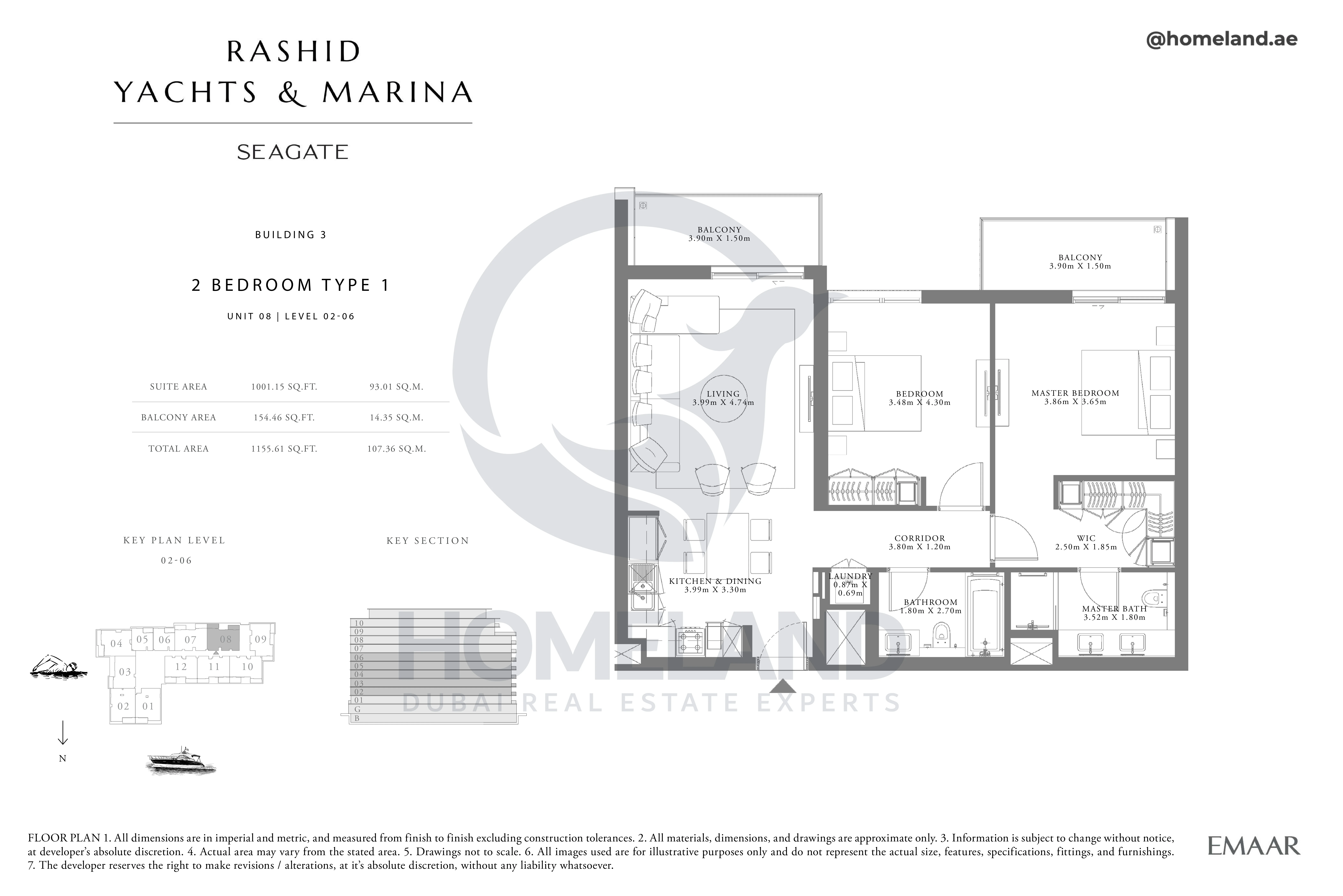 Seagate, Building 3, 2BR, Type 1, Unit 08, Level 02 to 06, 1155 SQFT