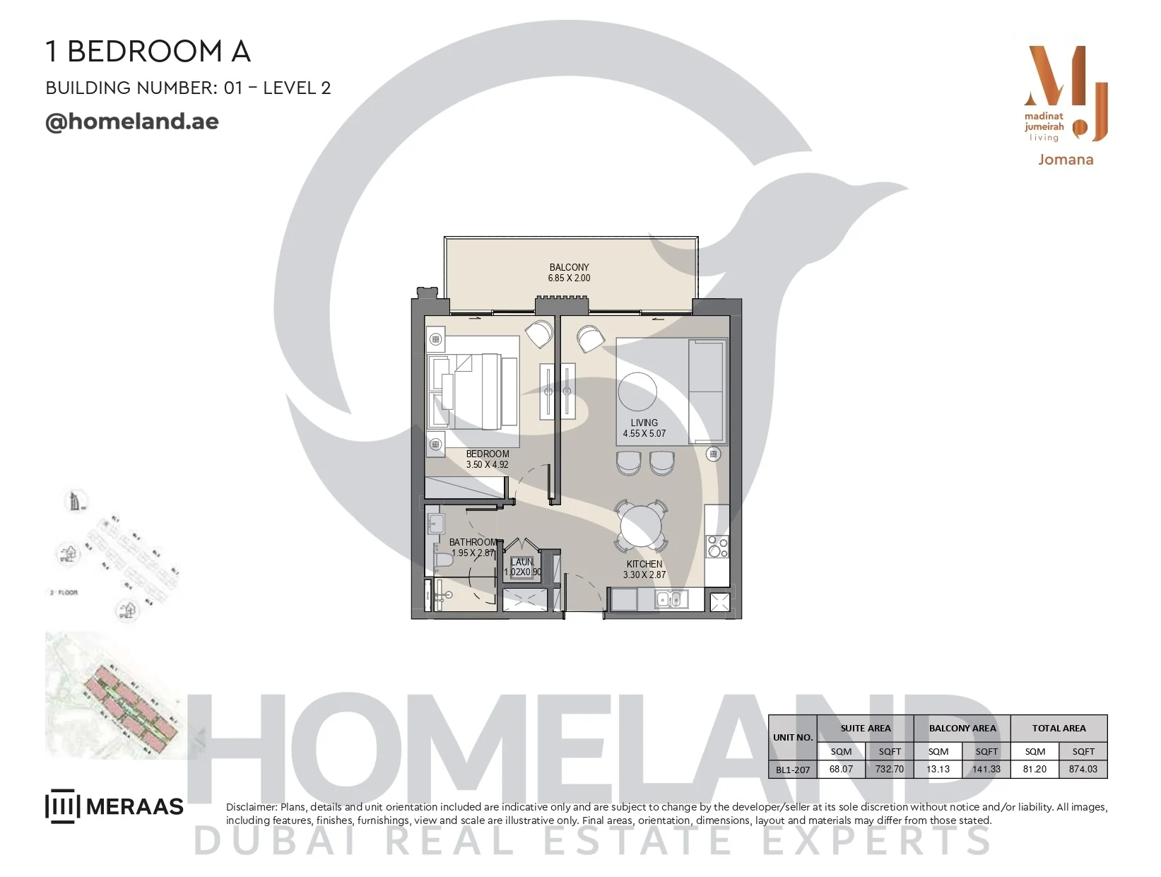 Jomana, Building 1, 1BR, Type A, Level 2, Unit BL1-207, 874 SQFT