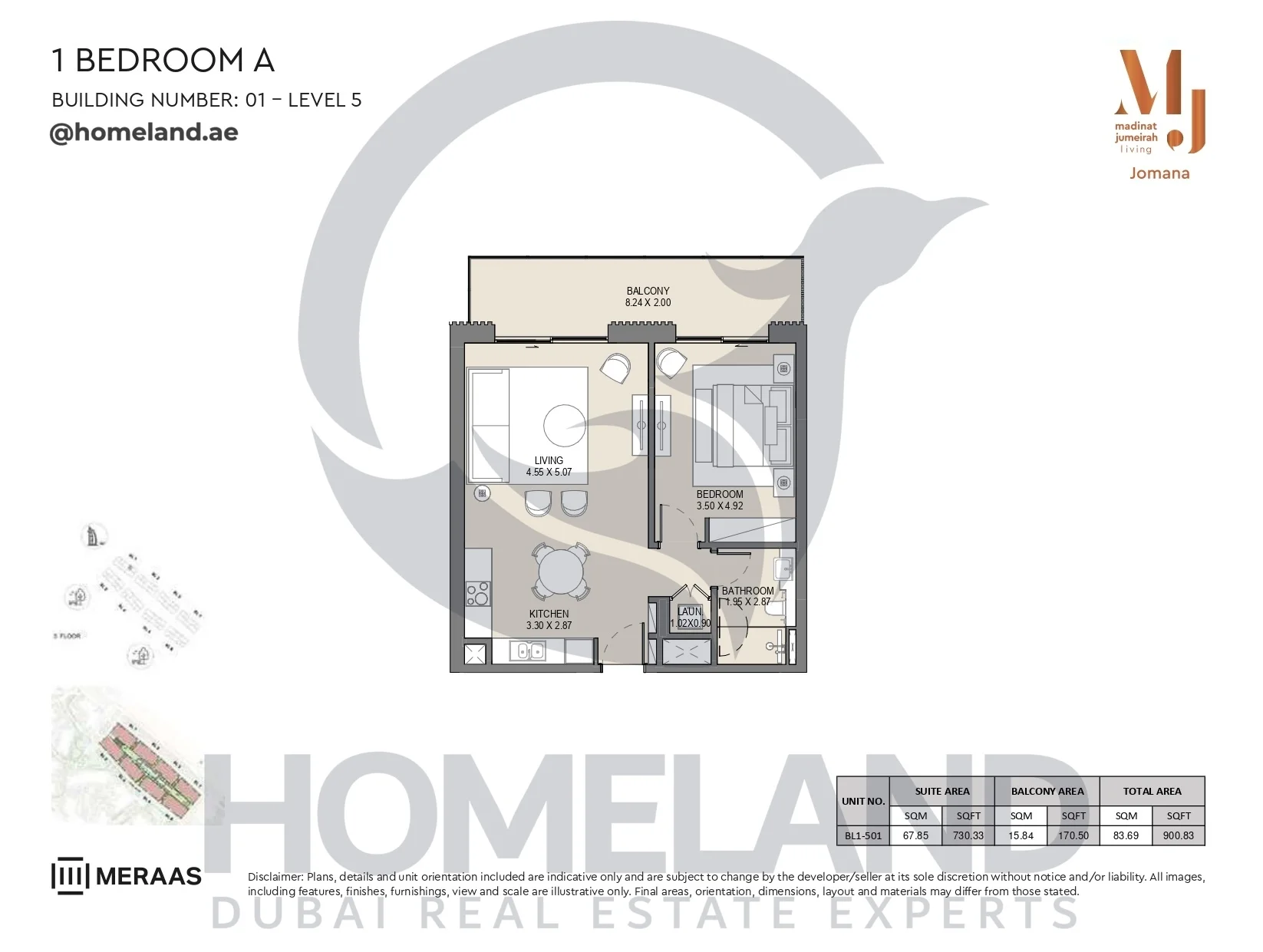 Jomana, Building 1, 1BR, Type A, Level 5, Unit BL1-501, 900 SQFT