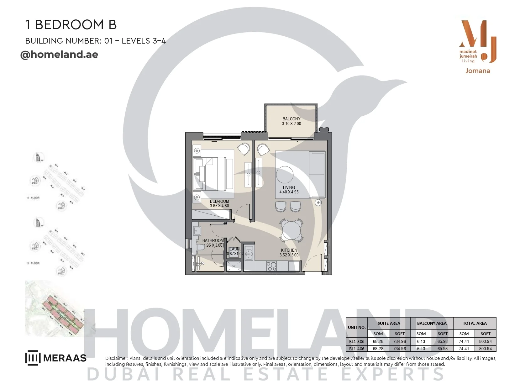 Jomana, Building 1, 1BR, Type B, Level 3-4, Unit BL1-306 & BL1-406, 800 SQFT