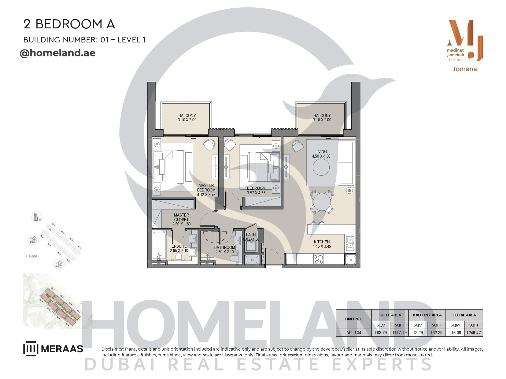 Jomana, Building 1, 2BR, Type A, Level 1, Unit BL1-104, 1249 SQFT