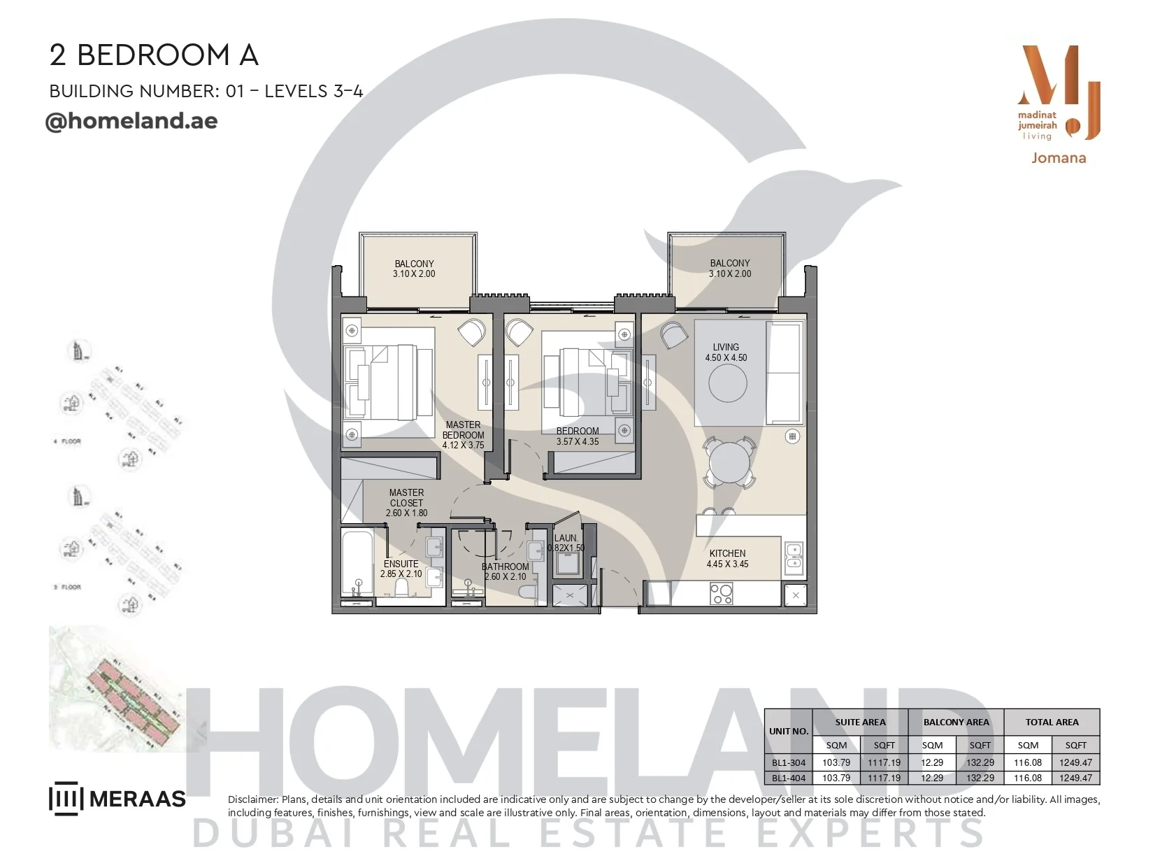 Jomana, Building 1, 2BR, Type A, Level 3-4, Unit BL1-304 & BL1-404, 1249 SQFT