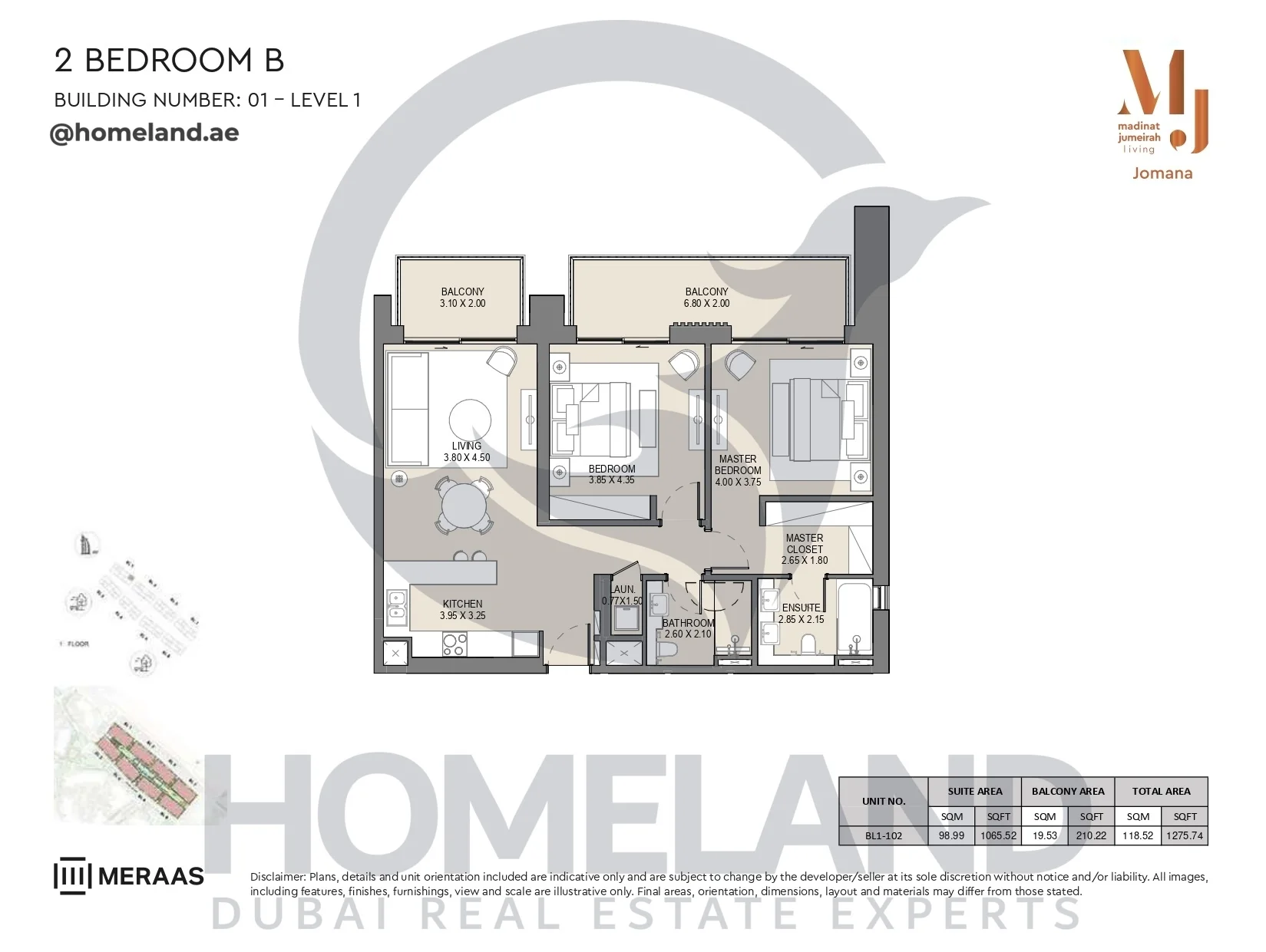 Jomana, Building 1, 2BR, Type B, Level 1, Unit BL1-102, 1275 SQFT
