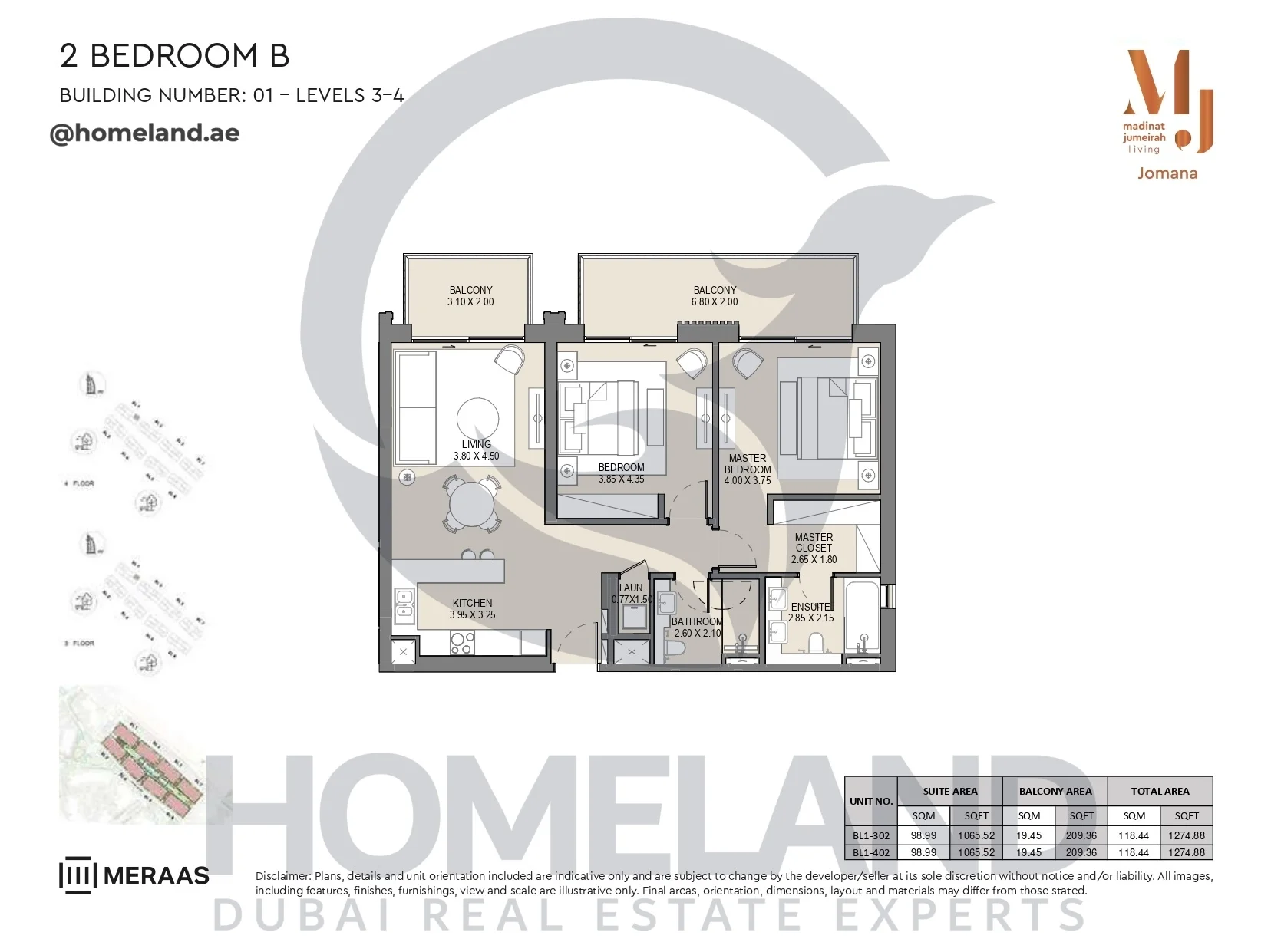 Jomana, Building 1, 2BR, Type B, Level 3-4, Unit BL1-302 & BL1-402, 1274 SQFT