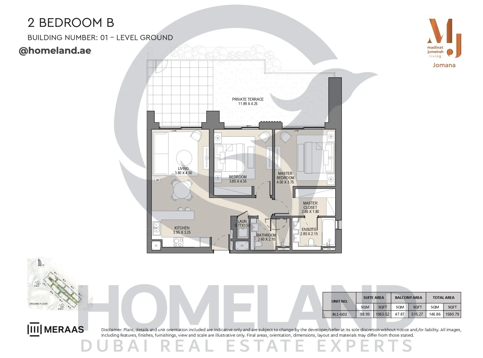 Jomana, Building 1, 2BR, Type B, Level GR, Unit BL1-G02, 1580 SQFT