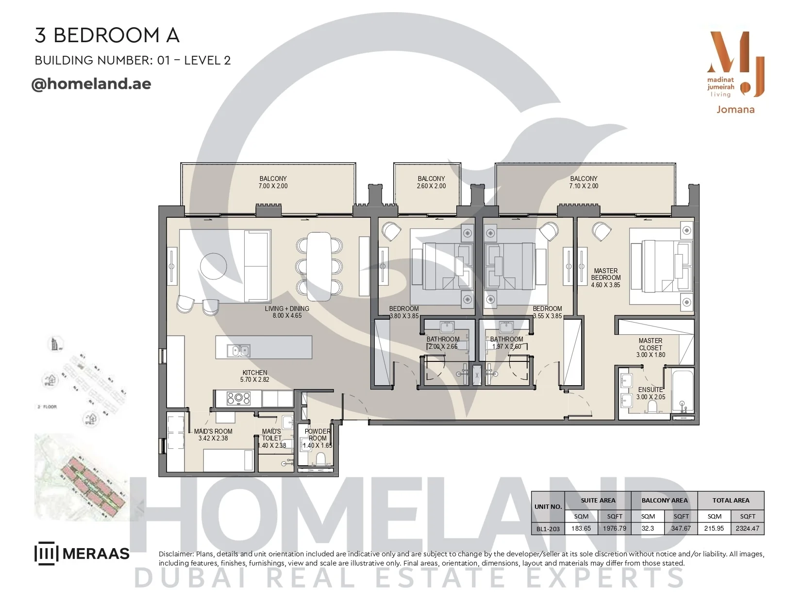 Jomana, Building 1, 3BR, Type A, Level 2, Unit BL1-203, 2324 SQFT