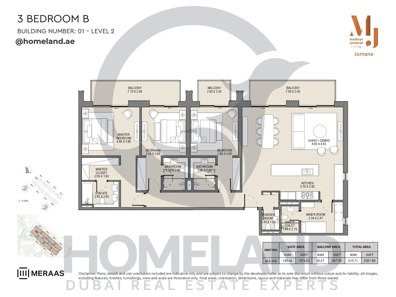 Jomana, Building 1, 3BR, Type B, Level 2, Unit BL1-205, 2321 SQFT