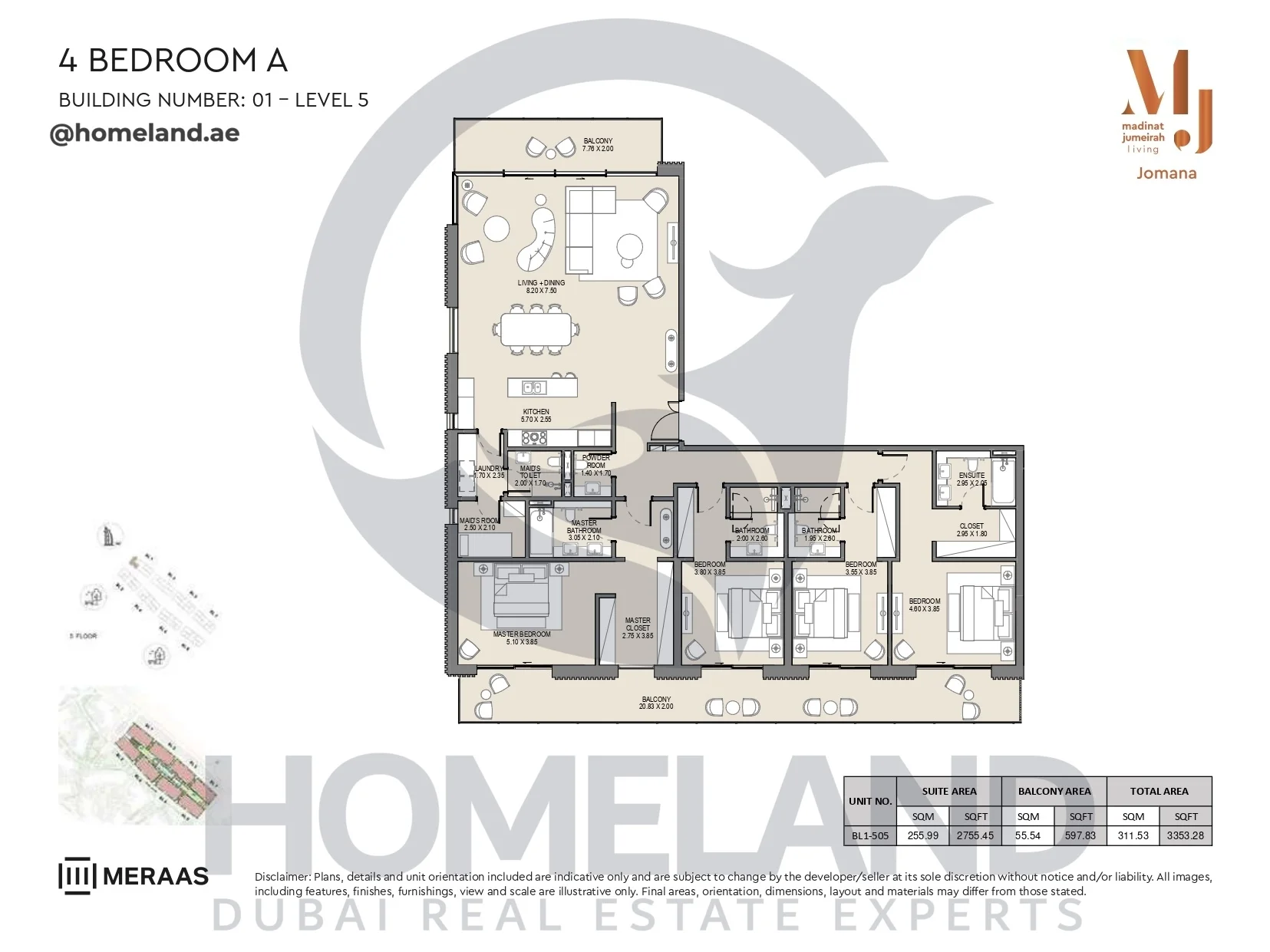 Jomana, Building 1, 4BR, Type A, Level 5, Unit BL1-505, 3353 SQFT