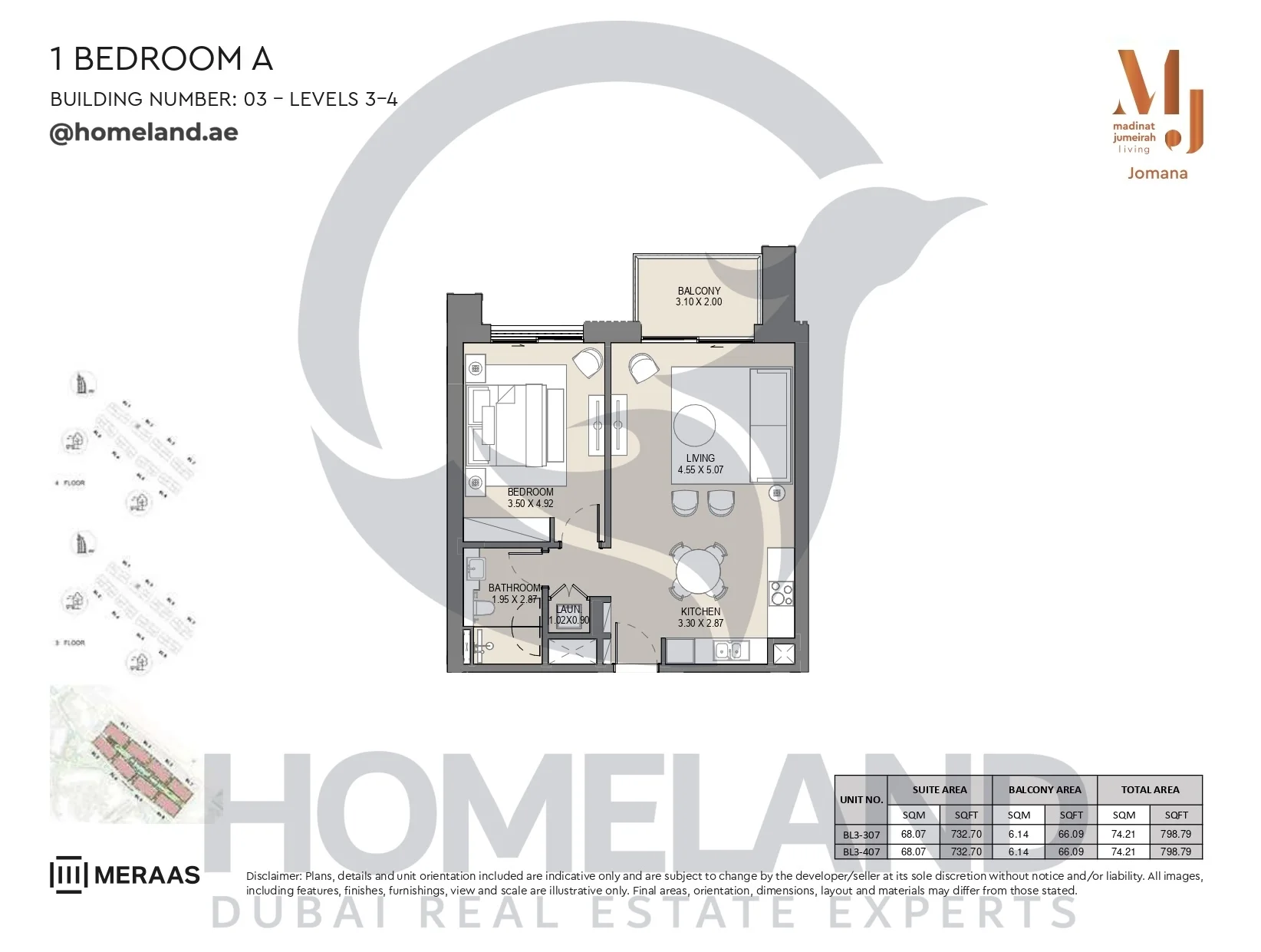 Jomana, Building 3, 1BR, Type A, Level 3-4, Unit BL3-307 & BL3-407, 798 SQFT