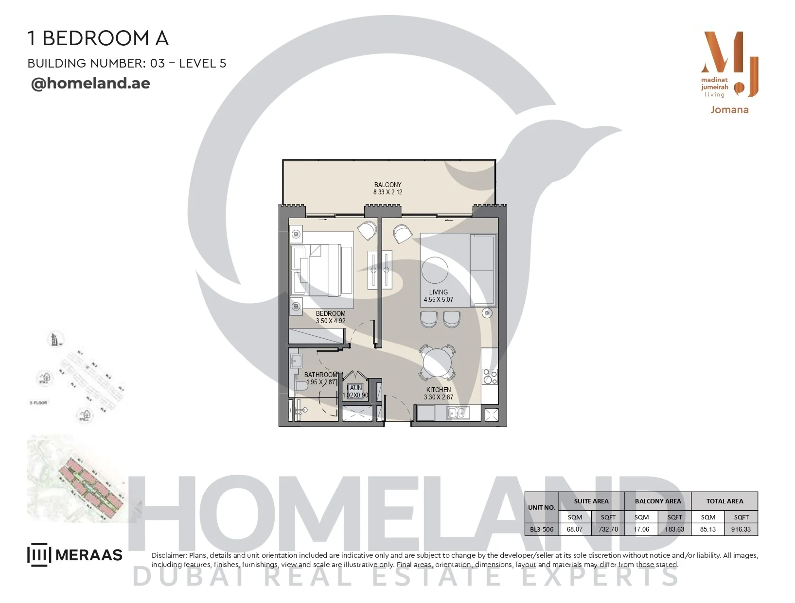 Jomana, Building 3, 1BR, Type A, Level 5, Unit BL3-506, 916 SQFT