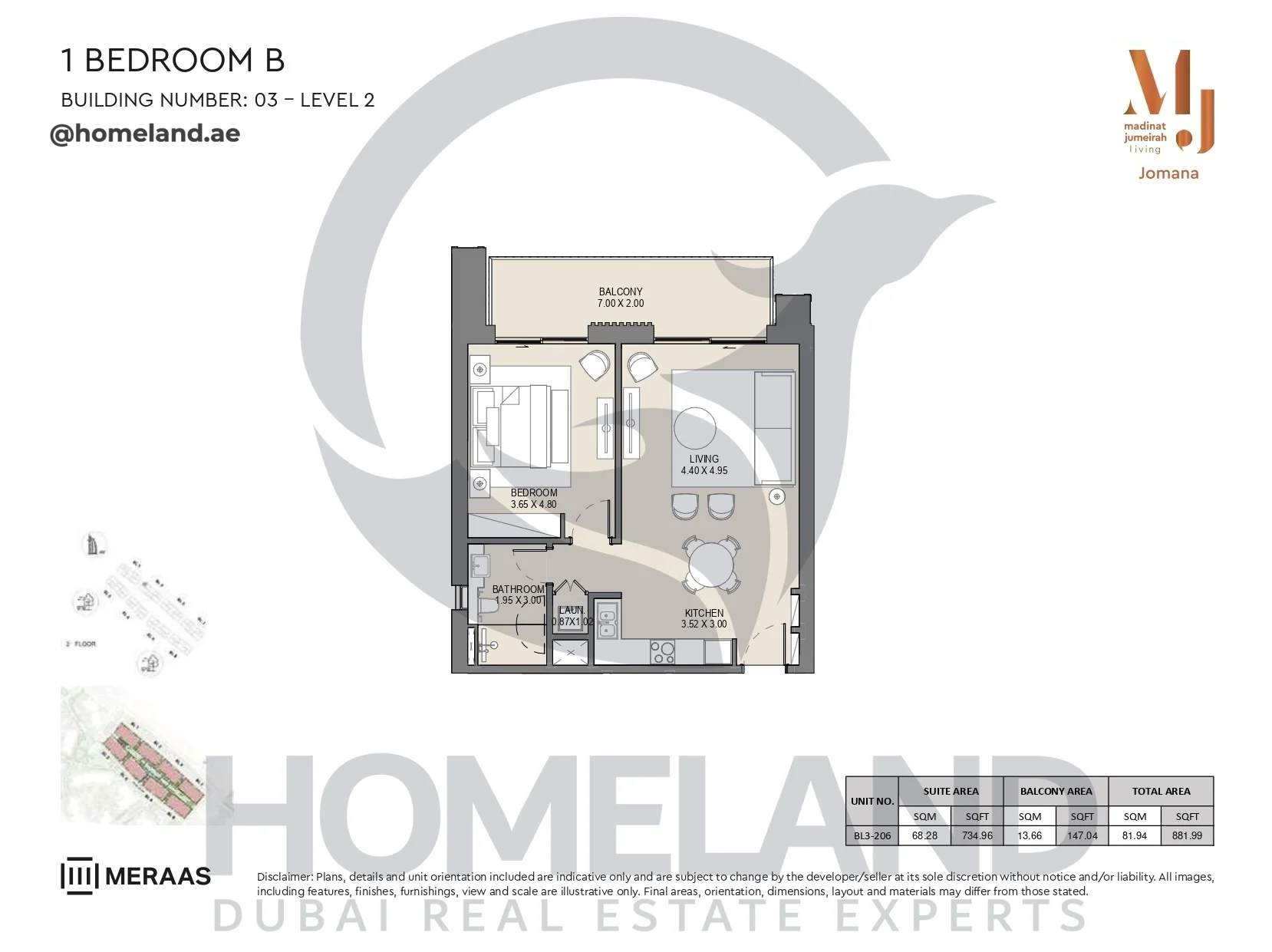 Jomana, Building 3, 1BR, Type B, Level 2, Unit BL3-206, 881 SQFT
