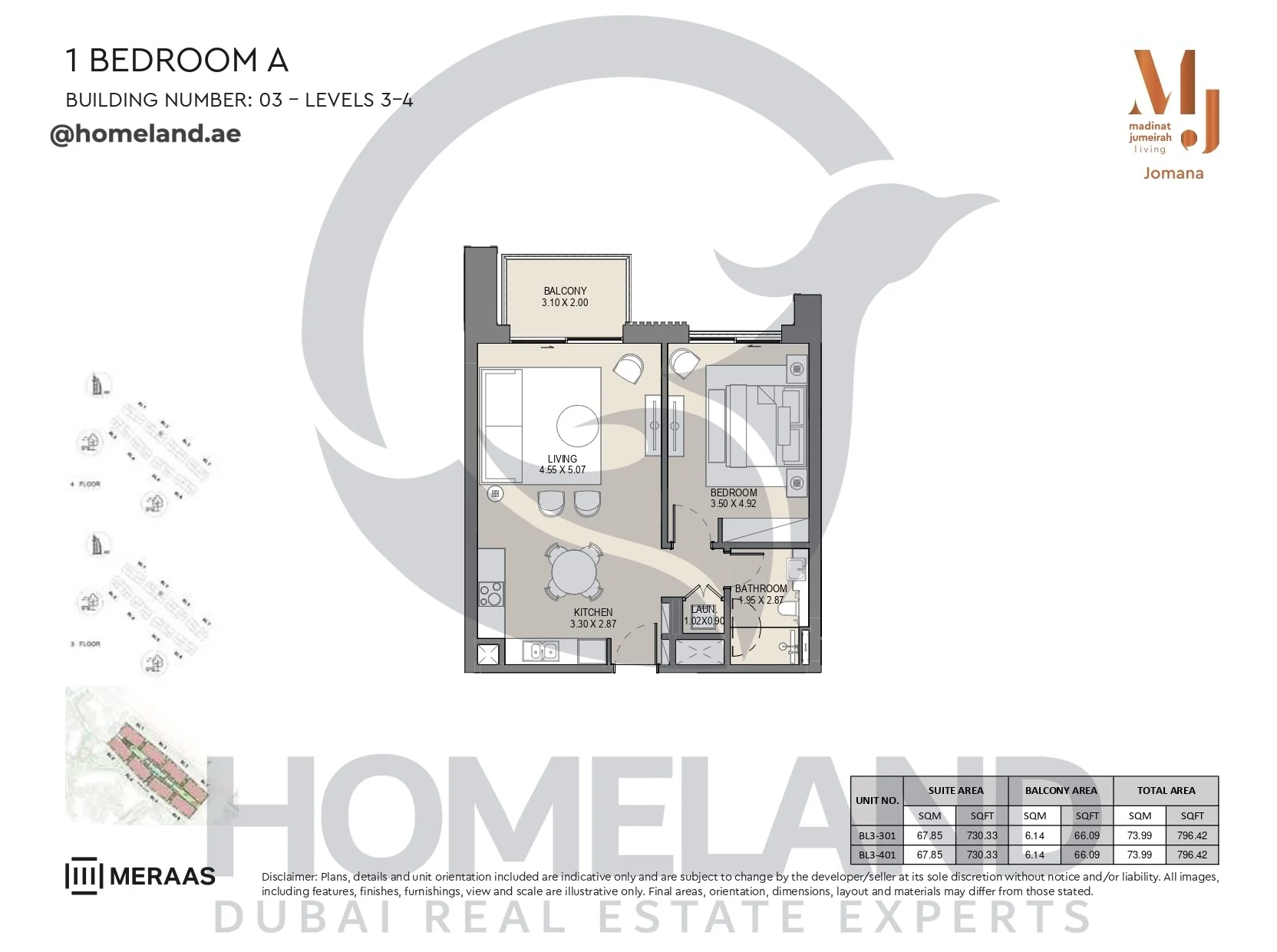 Jomana, Building 3, 1BR, Type A, Level 3-4, Unit BL3-301 & BL3-401, 796 SQFT