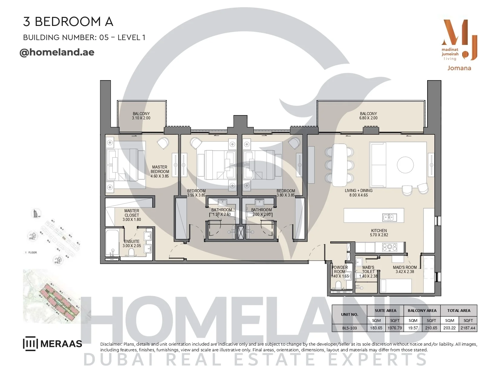 Jomana, Building 5, 3BR, Type A, Level 1, Unit BL5-103, 2187 SQFT