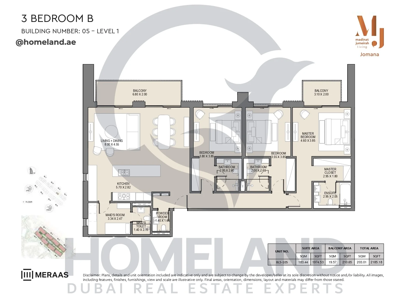 Jomana, Building 5, 3BR, Type B, Level 1, Unit BL5-105, 2185 SQFT