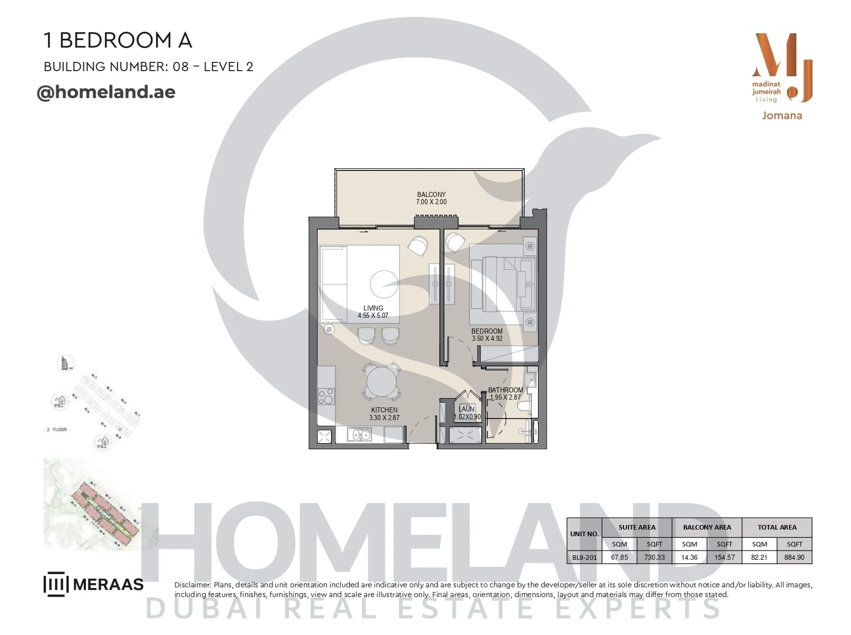 Jomana, Building 8, 1BR, Type A, Level 2, Unit BL8-201, 884 SQFT