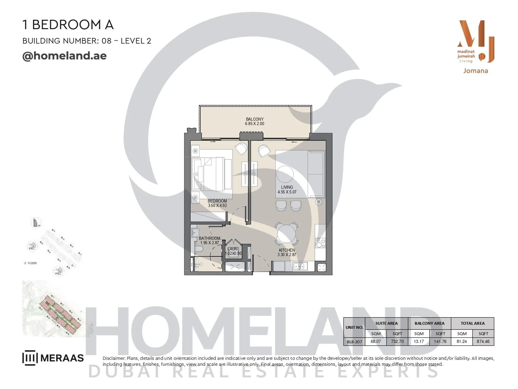 Jomana, Building 8, 1BR, Type A, Level 2, Unit BL8-207, 874 SQFT