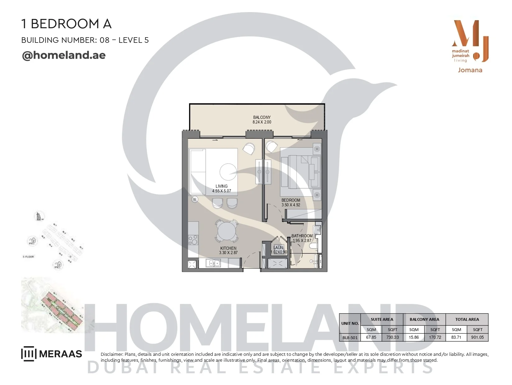 Jomana, Building 8, 1BR, Type A, Level 5, Unit BL8-501, 901 SQFT