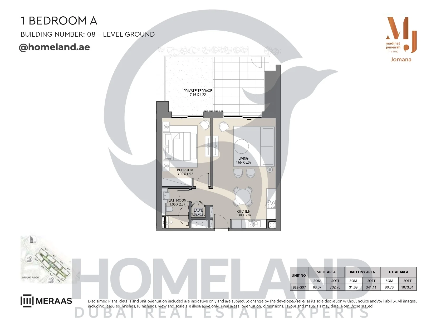 Jomana, Building 8, 1BR, Type A, Level Ground, Unit BL8-G07, 1073 SQFT