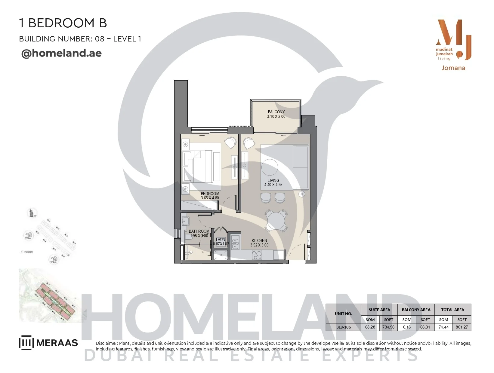 Jomana, Building 8, 1BR, Type B, Level 1, Unit BL8-106, 801 SQFT