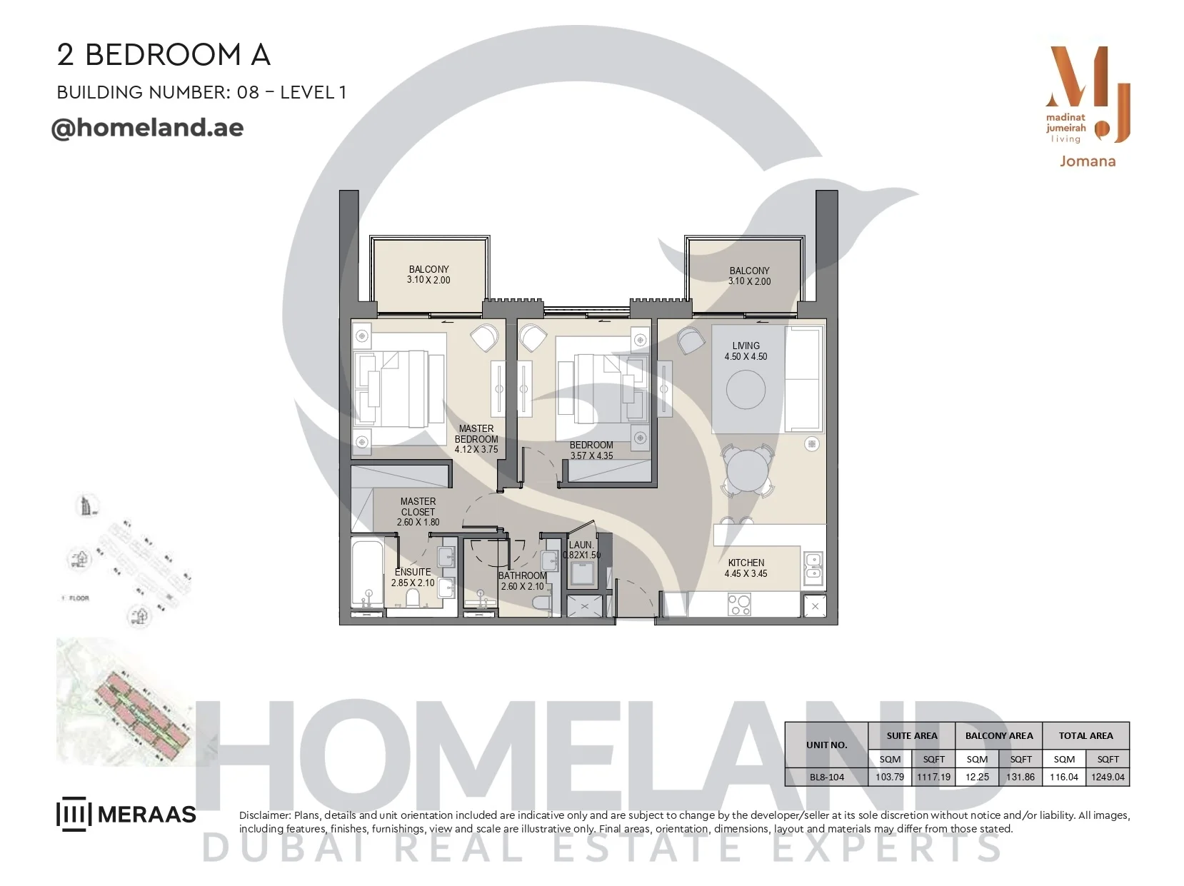Jomana, Building 8, 2BR, Type A, Level 1, Unit BL8-104, 1249 SQFT