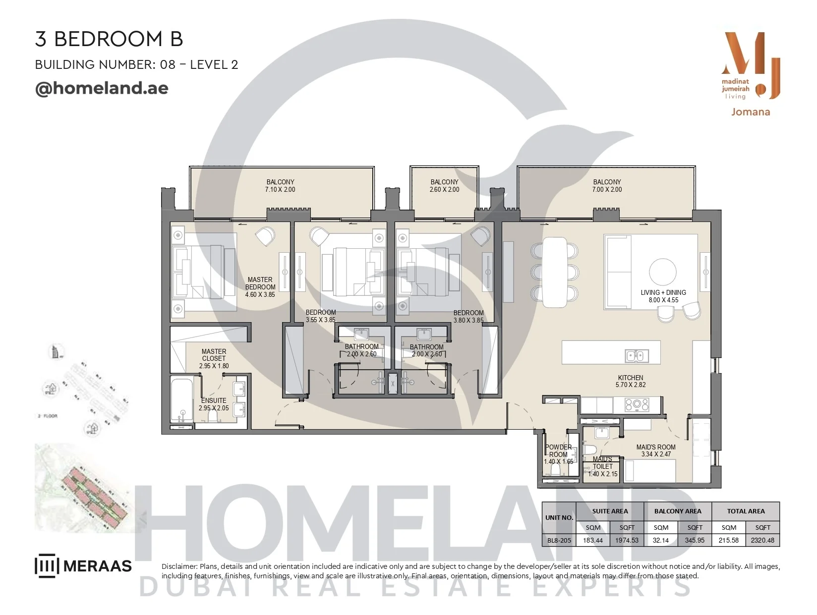 Jomana, Building 8, 3BR, Type B, Level 2, Unit BL8-205, 2320 SQFT