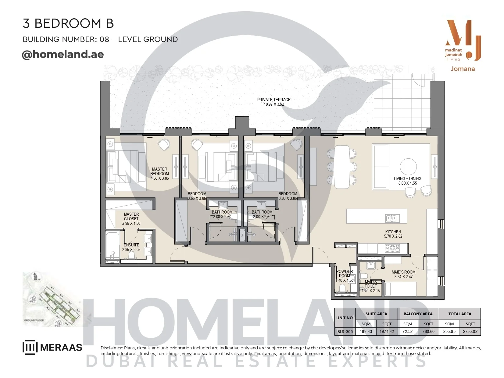 Jomana, Building 8, 3BR, Type B, Level Ground, Unit BL8-G05, 2755 SQFT