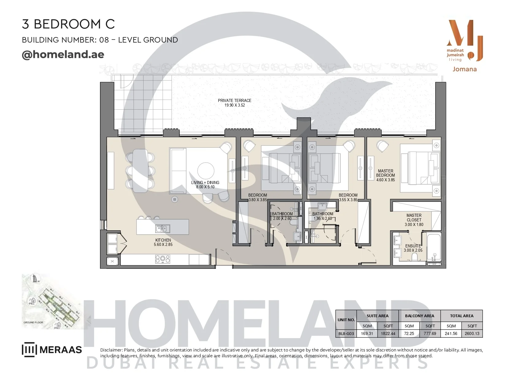 Jomana, Building 8, 3BR, Type C, Level Ground, Unit BL8-G03, 2600 SQFT
