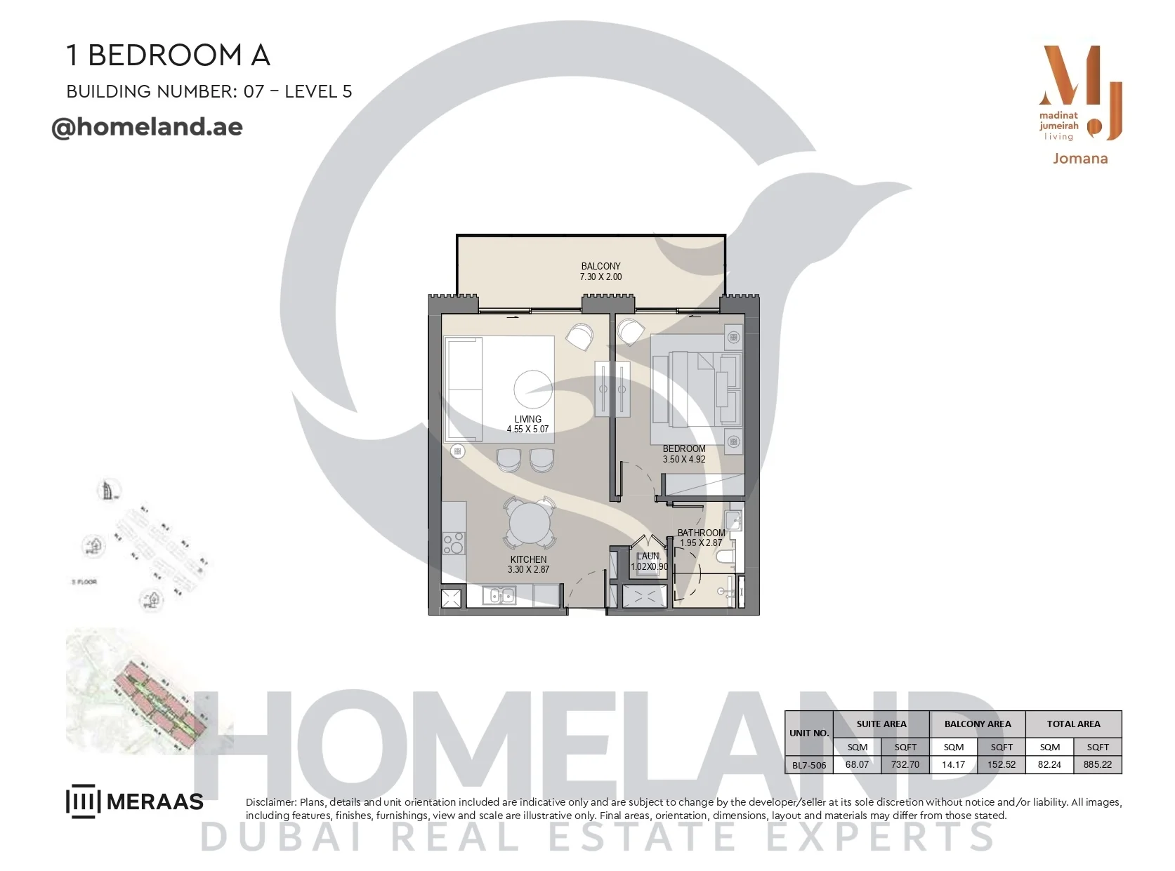 Jomana, Building 7, 1BR, Type A, Level 5, Unit BL7-506, 885 SQFT