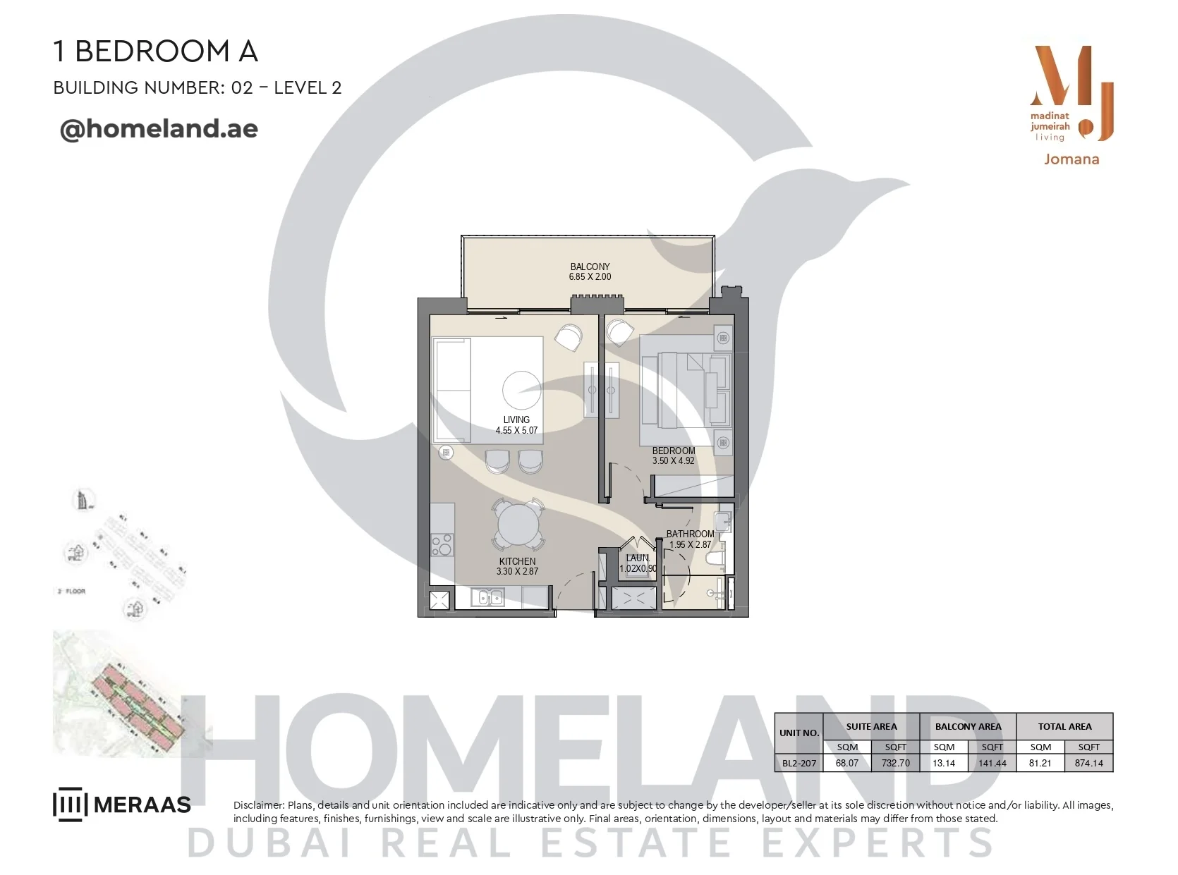 Jomana, Building 2, 1BR, Type A, Level 2, Unit BL2-207, 874 SQFT