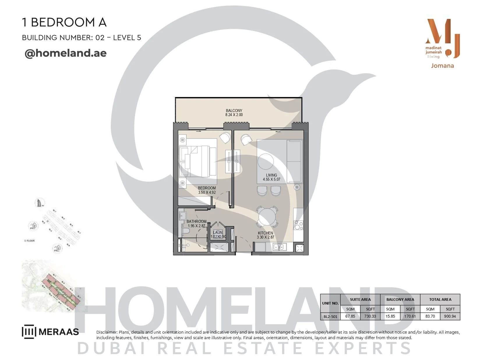Jomana, Building 2, 1BR, Type A, Level 5, Unit BL2-501, 900 SQFT