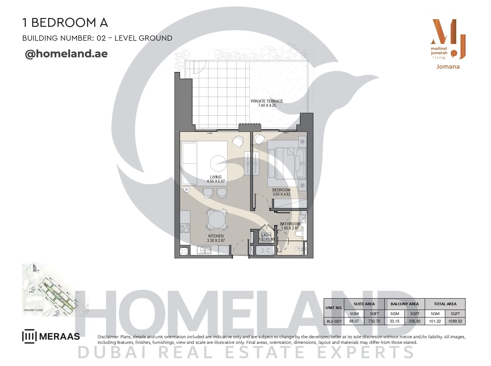 Jomana, Building 2, 1BR, Type A, Level Ground, Unit BL2-G07, 1089 SQFT