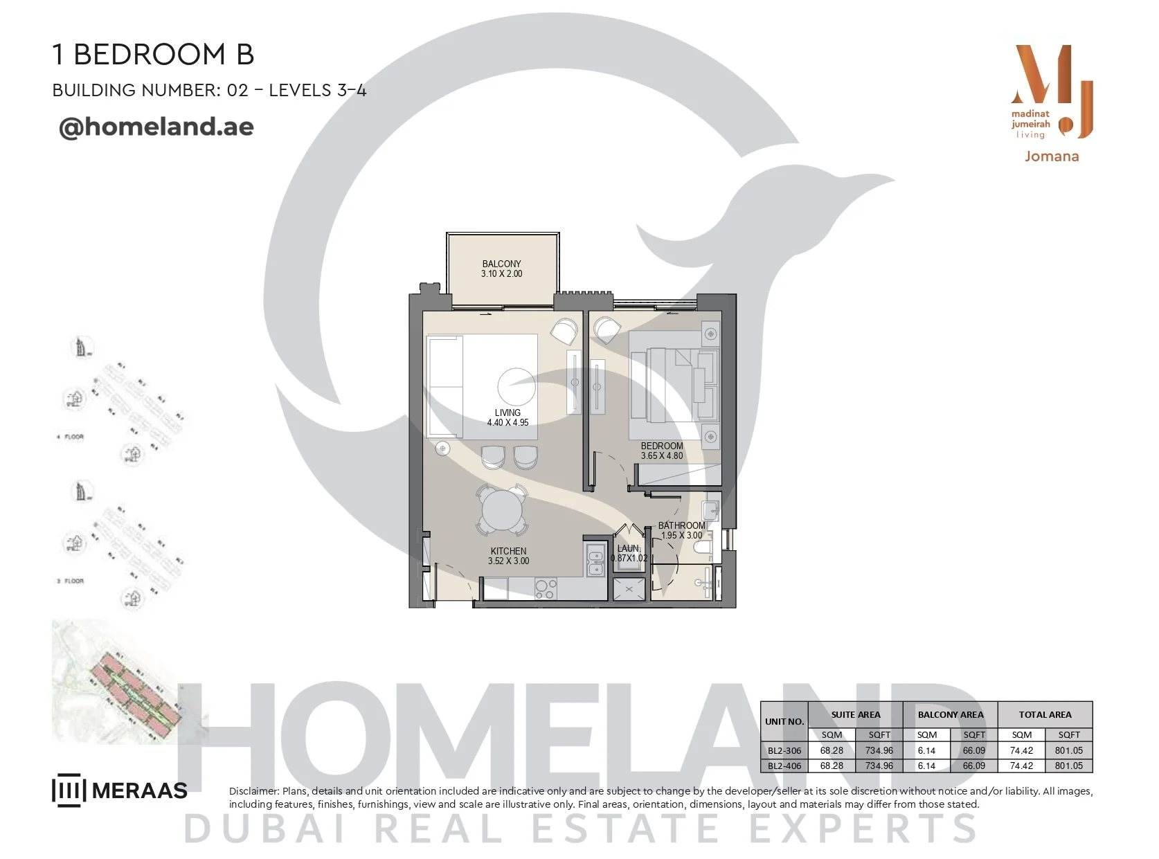 Jomana, Building 2, 1BR, Type B, Level 3-4, Unit BL2-306 & BL2-406, 801 SQFT