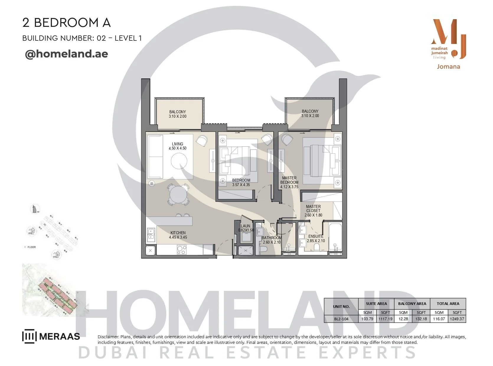 Jomana, Building 2, 2BR, Type A, Level 1, Unit BL2-104, 1249 SQFT