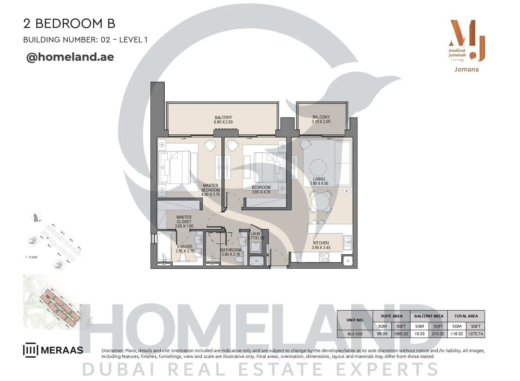 Jomana, Building 2, 2BR, Type B, Level 1, Unit BL2-102, 1275 SQFT