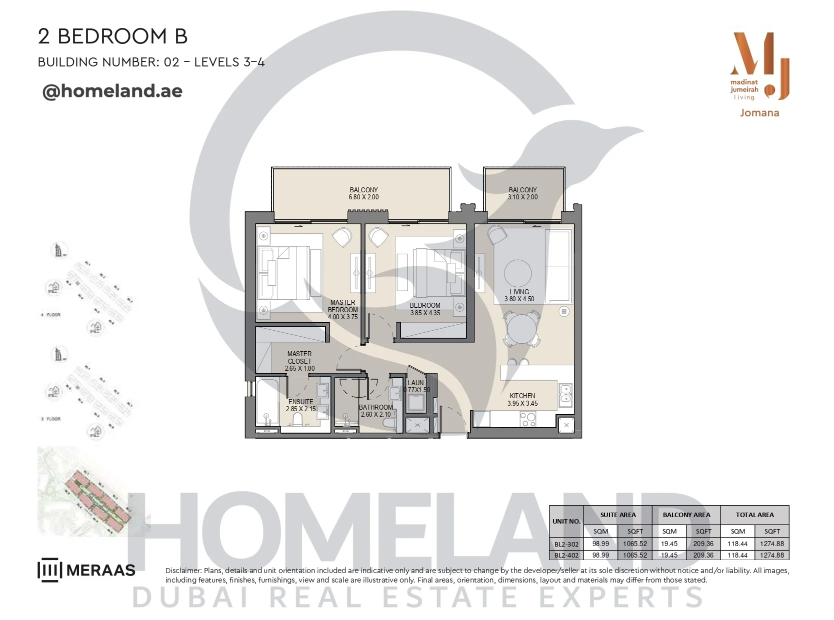 Jomana, Building 2, 2BR, Type B, Level 3-4, Unit BL2-302 & BL2-402, 1274 SQFT