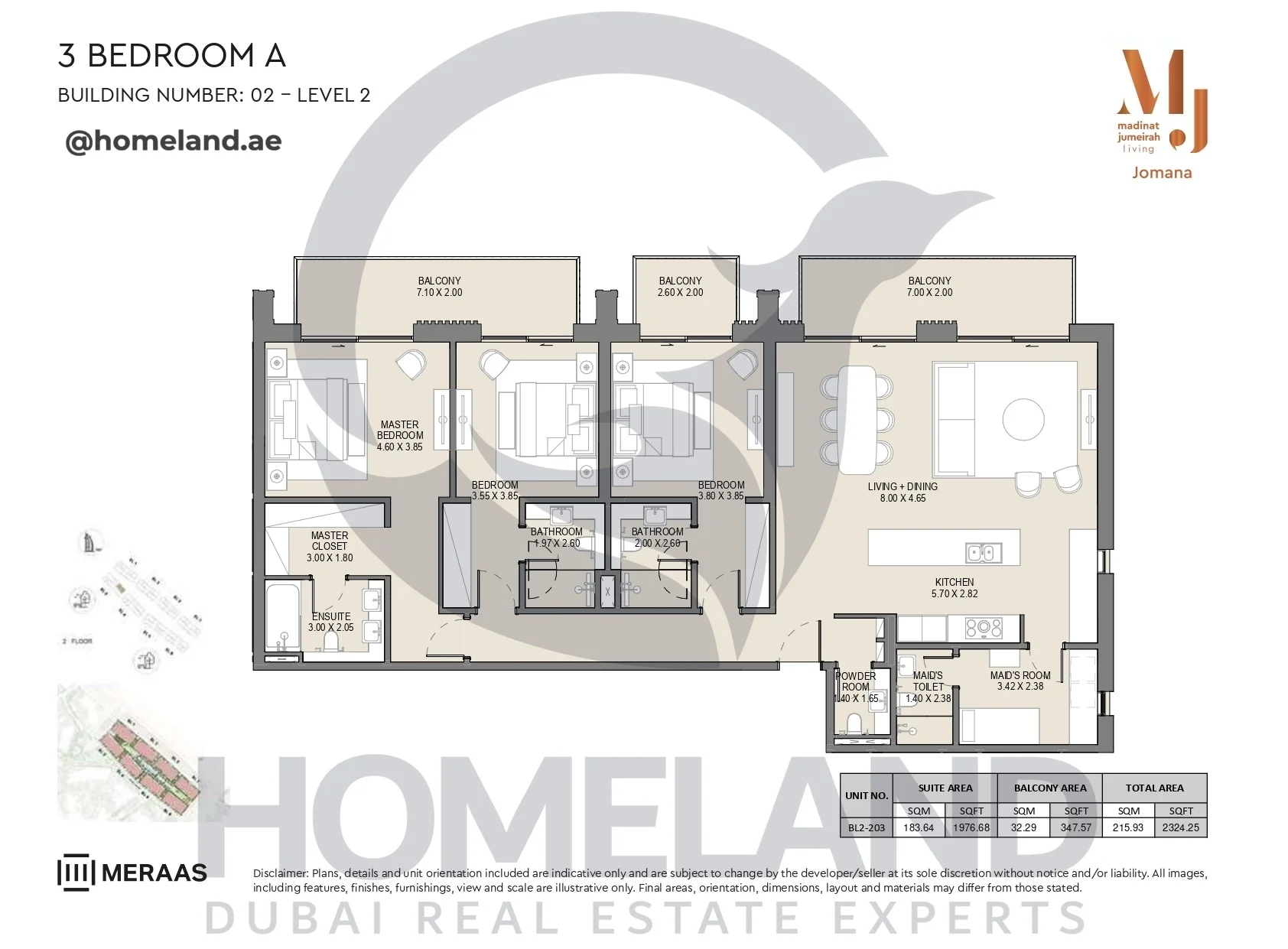 Jomana, Building 2, 3BR, Type A, Level 2, Unit BL2-203, 2324 SQFT