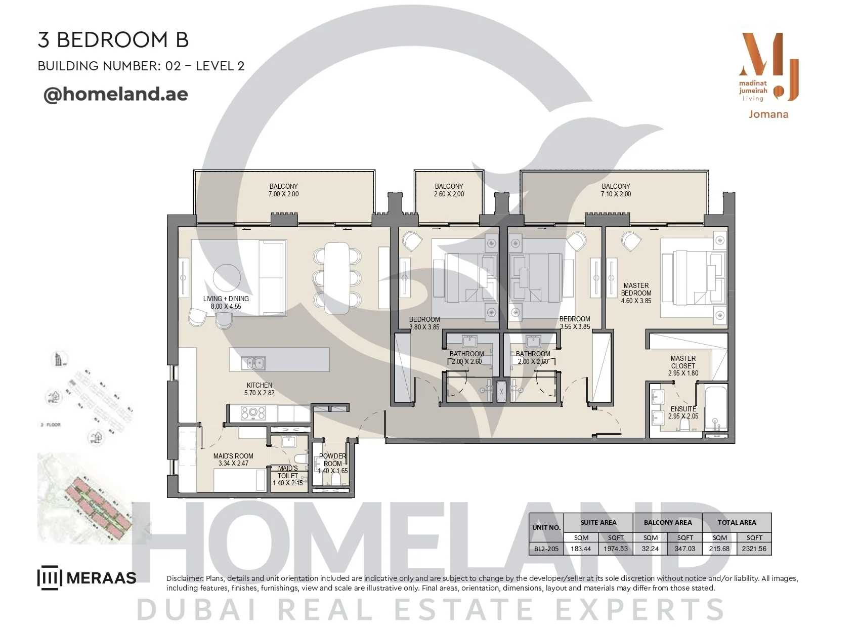 Jomana, Building 2, 3BR, Type B, Level 2, Unit BL2-205, 2321 SQFT