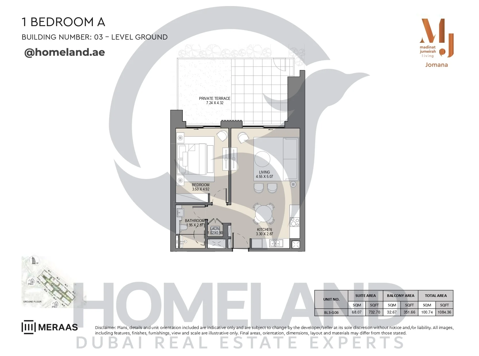 Jomana, Building 3, 1BR, Type A, Level Ground, Unit BL3-G06, 1084 SQFT
