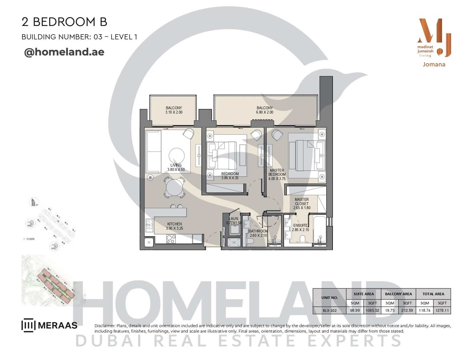 Jomana, Building 3, 2BR, Type B, Level 1, Unit BL3-102, 1278 SQFT