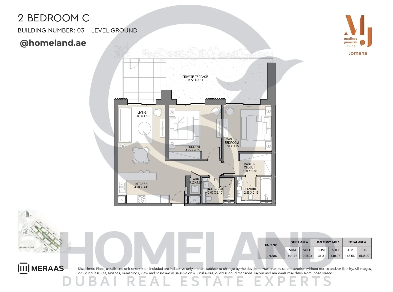Jomana, Building 3, 2BR, Type C, Level Ground, Unit BL3-G02, 1545 SQFT