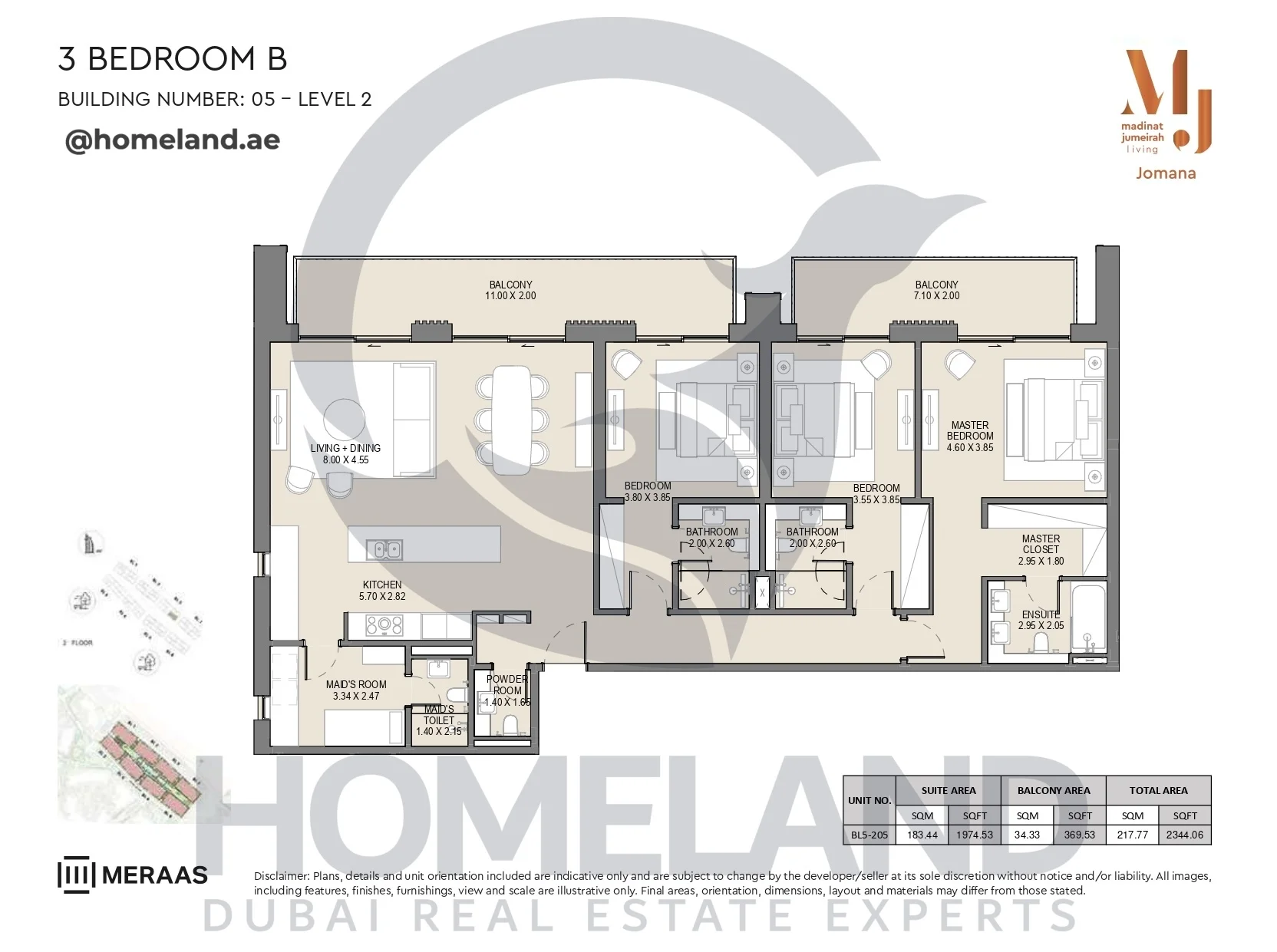 Jomana, Building 5, 3BR, Type B, Level 2, Unit BL5-205, 2344 SQFT
