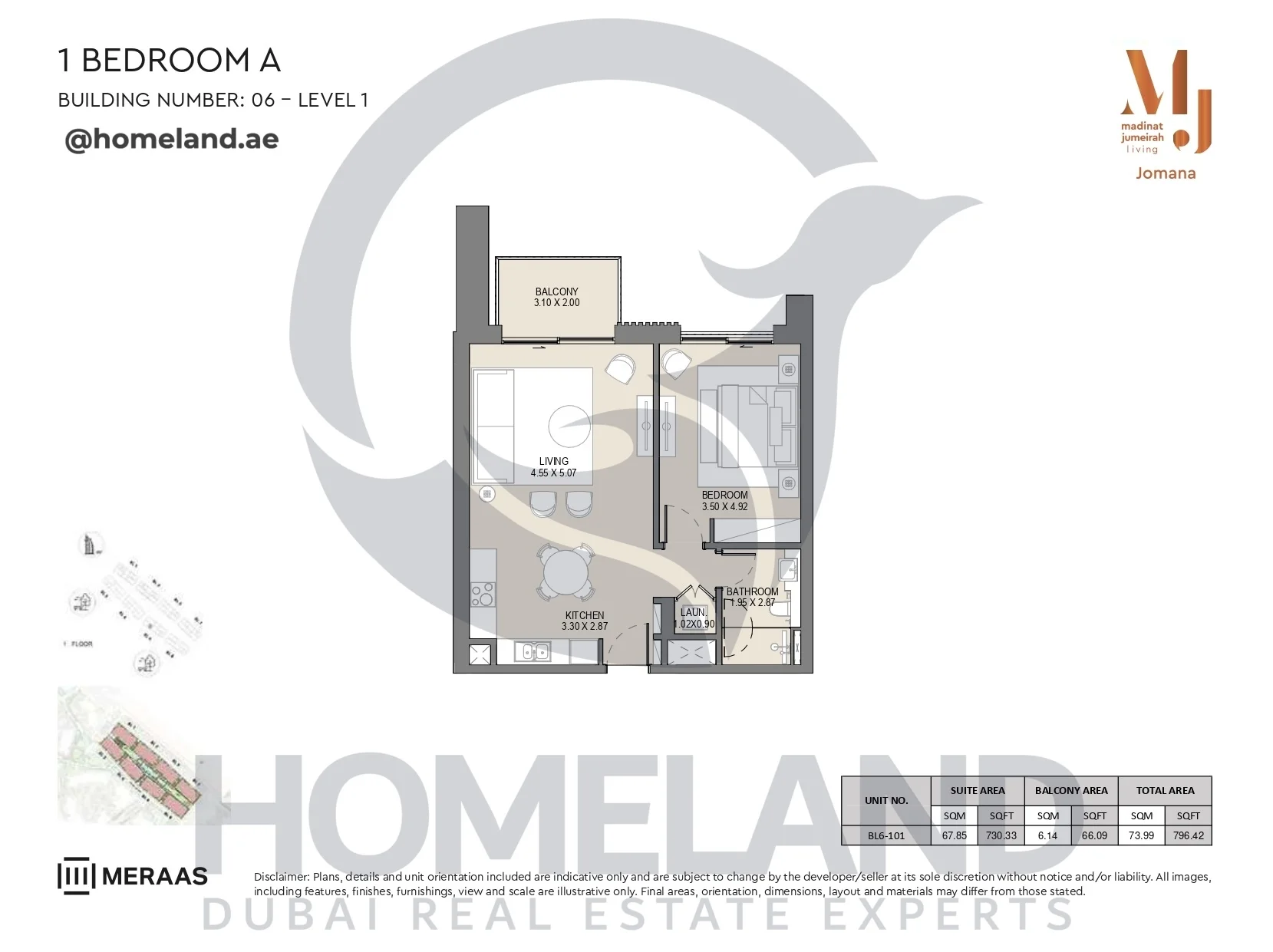 Jomana, Building 6, 1BR, Type A, Level 1, Unit BL6-101, 796 SQFT