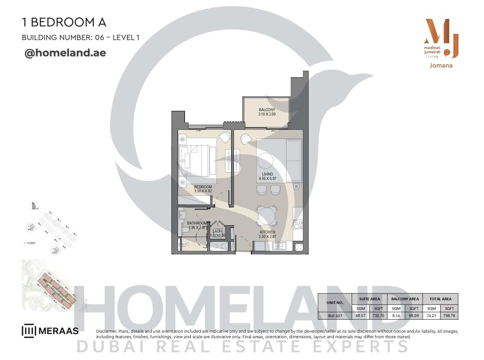 Jomana, Building 6, 1BR, Type A, Level 1, Unit BL6-107, 798 SQFT