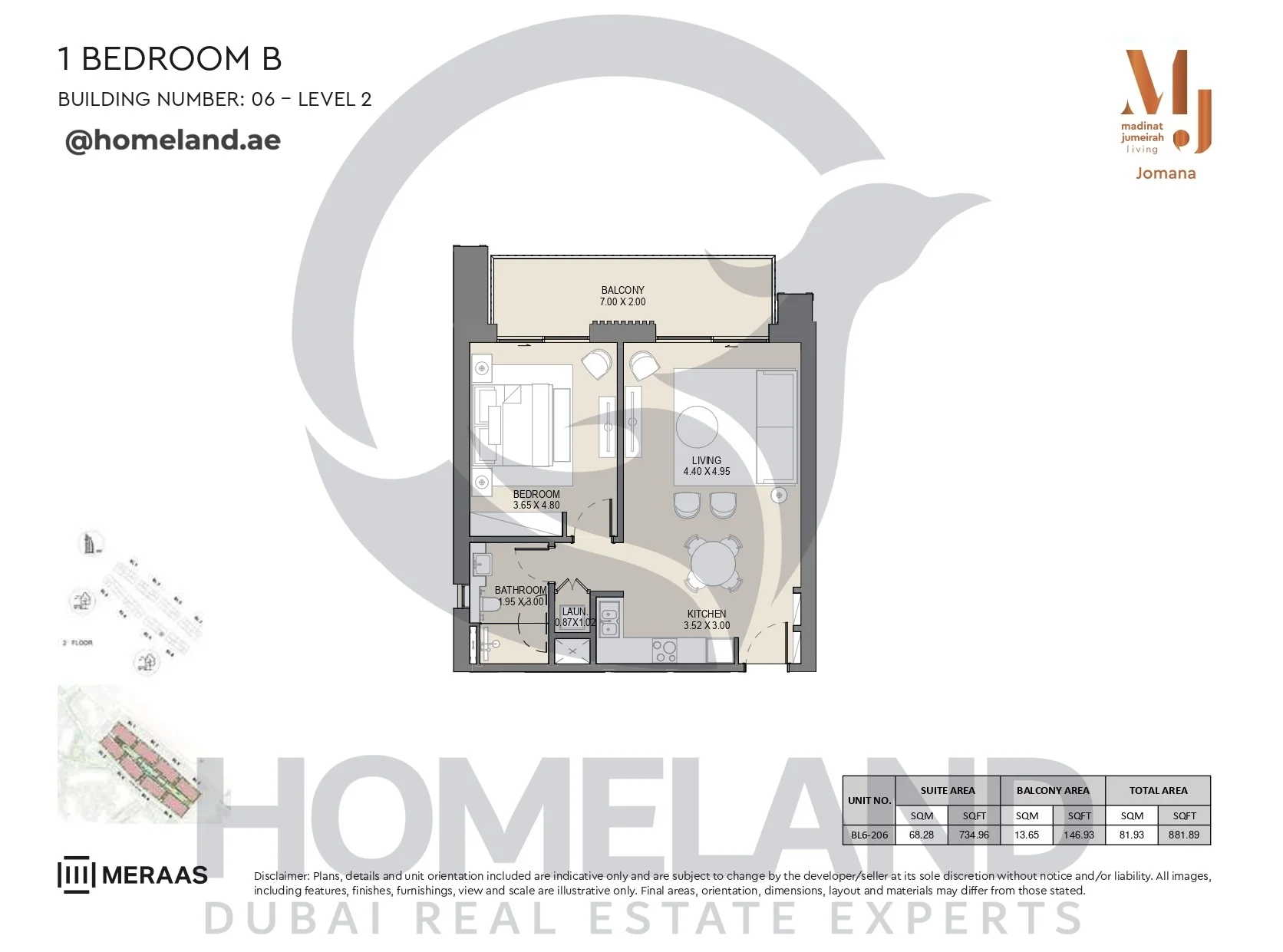 Jomana, Building 6, 1BR, Type B, Level 2, Unit BL6-206, 881 SQFT