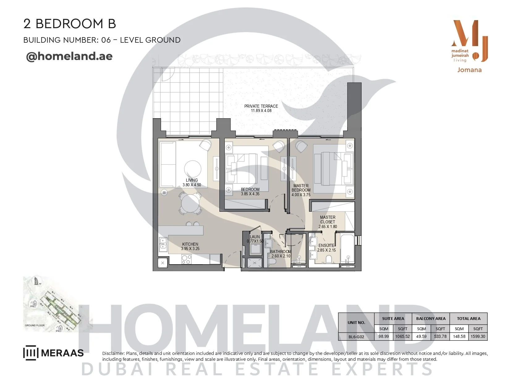 Jomana, Building 6, 2BR, Type B, Level Ground, Unit BL6-G02, 1599 SQFT