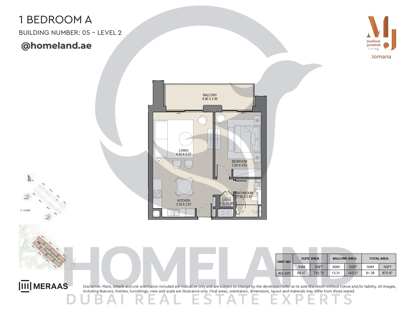 Jomana, Building 5, 1BR, Type A, Level 2, Unit BL5-207, 875 SQFT