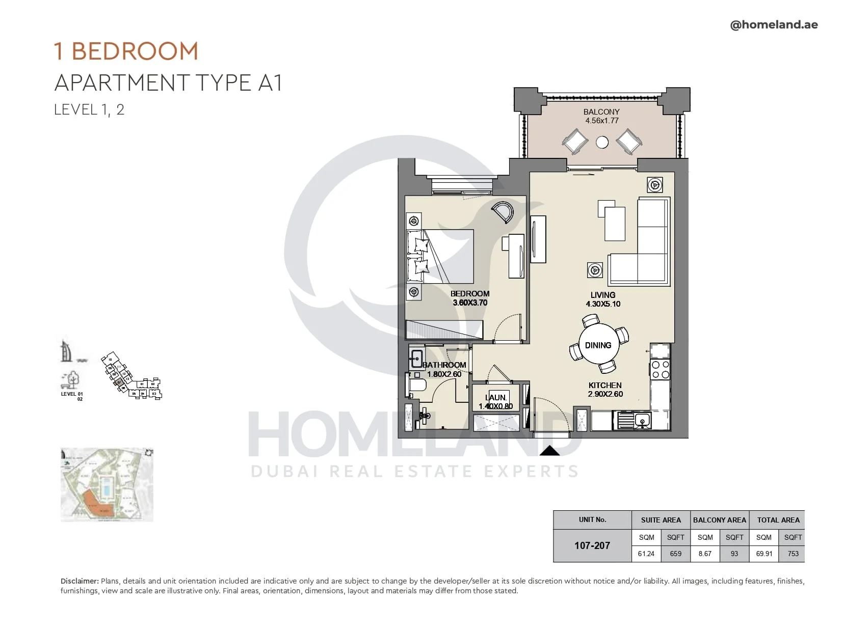 Al Jazi, 1BR, Type A1, Level 1 & 2, Unit 107-207, 753 SQFT