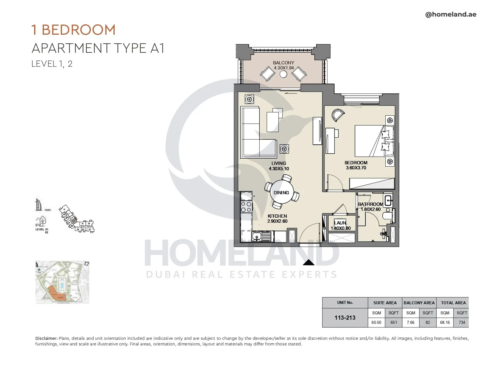 Al Jazi, 1BR, Type A1, Level 1 & 2, Unit 113-213, 734 SQFT