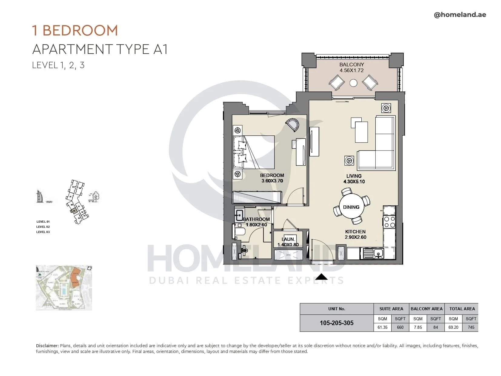 Al Jazi, 1BR, Type A1, Level 1 to 3, Unit 105-205-305, 745 SQFT